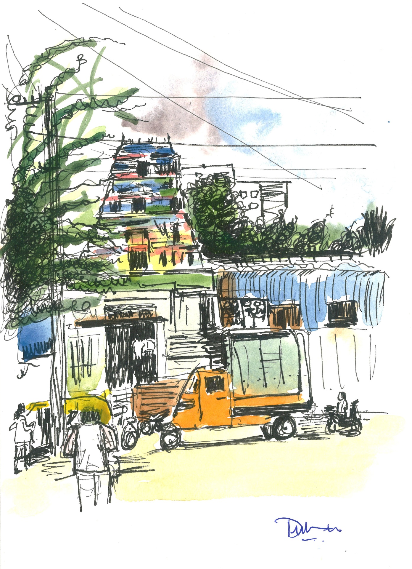 Watercolour of a temple gopuram in Kasavanahalli